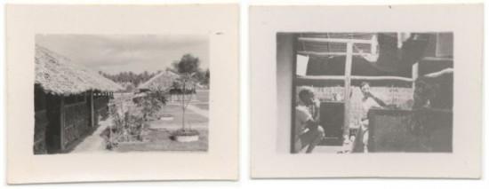 Left: the Attap huts. Right: Inside shot of one of the huts with Corporal Doug Lewin leaning on a table. (Photos courtesy of D Lewin.)