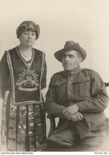 "Studio portrait of Mrs Minnie Augusta Rattigan and a soldier, believed to be 2176 Private Frederick Trice 4th Pioneer Battalion"