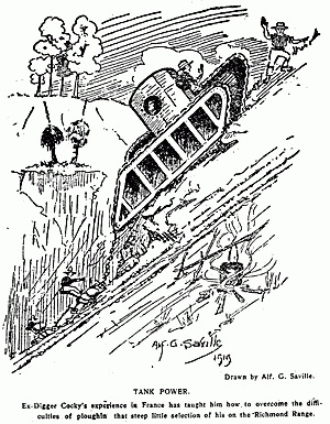 A 1919 cartoon from the AIF publication Aussie, illustrating Australian soldiers' fondness for tanks by the end of the war.