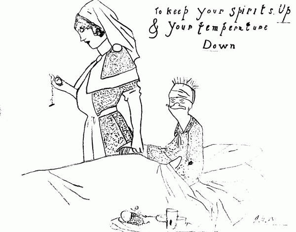 A cartoon drawn by a patient in an autograph book believed to belong to Sister D. Wright-Hay