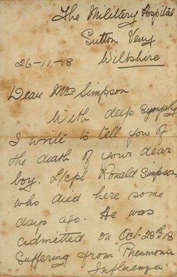 The first page of the nurse's condolence letter to Mrs Simpson