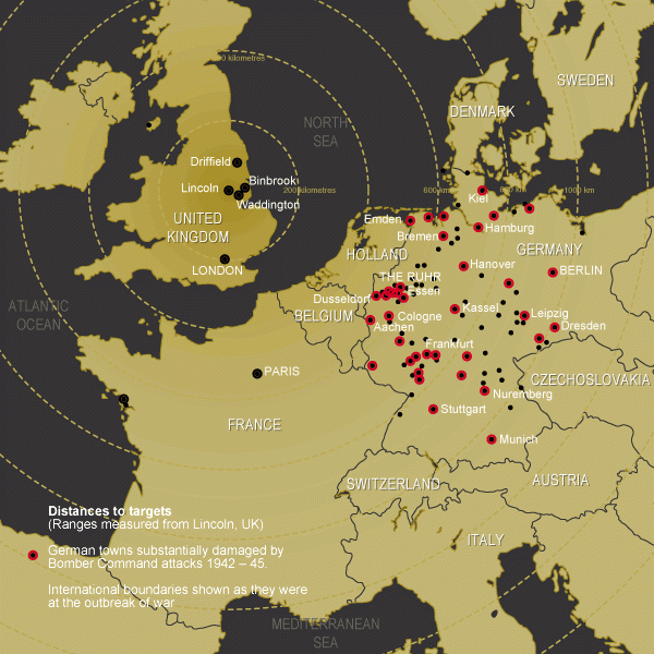 Map showing main bombing areas in Germany