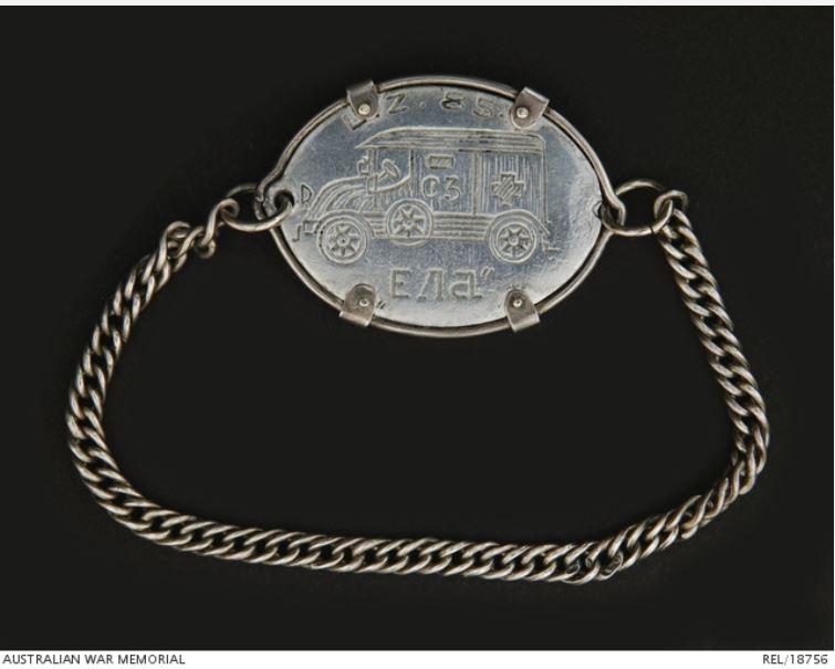 Identity bracelet King wore this identity bracelet which bears an image of her ambulance, “Ella”.