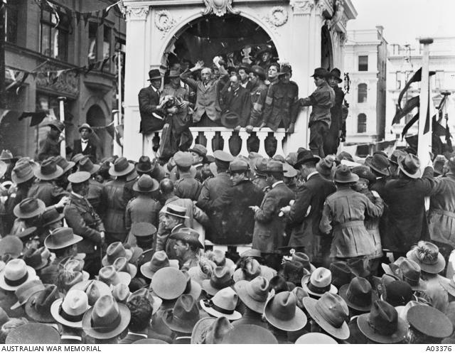 The prime minister The Right Honourable W M Hughes, speaking in Martin Place, Sydney.