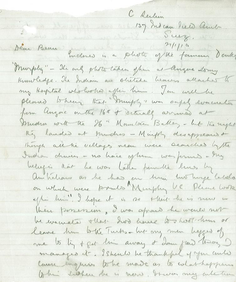 Surgeon T J Carey Evans' letter to Charles Bean - First page
