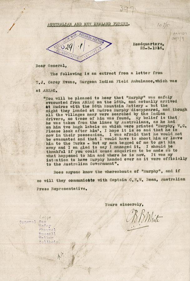 Brigadier-General Brudenell White letter to his colleagues - General's Legge, Cox, McCay, Chauvel, Russell, Walker and Sellheim