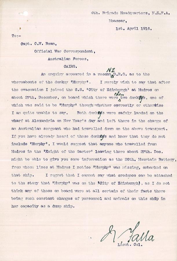 A Lt-Col in the 4th New Zealand Field Artillery Brigade letter to Charles Bean