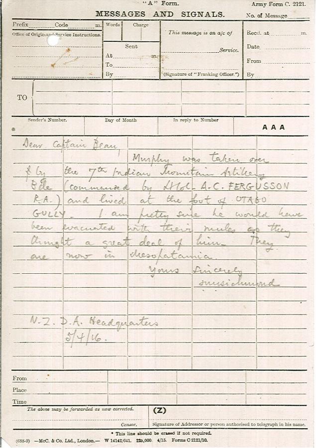 Further correspondence between Charles Bean and the New Zealanders