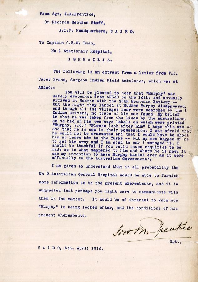 Sgt Prentice letter to Charles Bean