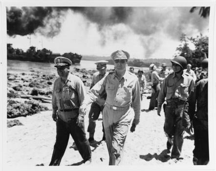 Rear Admiral Daniel E. Barbey (left) with General Douglas MacArthur (centre), Morotai island, 15 September 1944. Naval History and Heritage Command 80-G-257967 