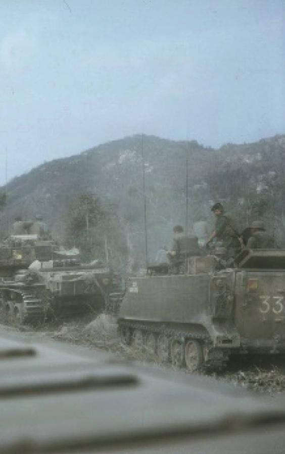 After the B-52 Arclight strike 8RAR went back into the Long Hais, mounted in APCs and with tank support. Photo: Rod Simpson.