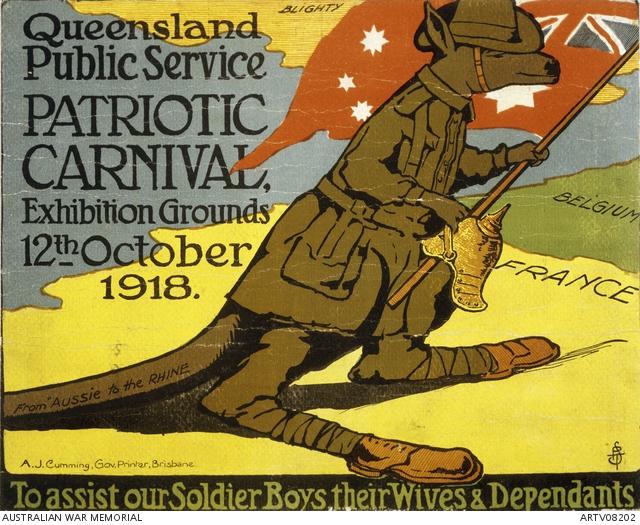 A poster advertising a carnival with a kangaroo dressed as a soldier