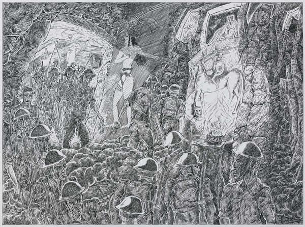 The troops enter the labyrinth that is Crete pen and ink on card