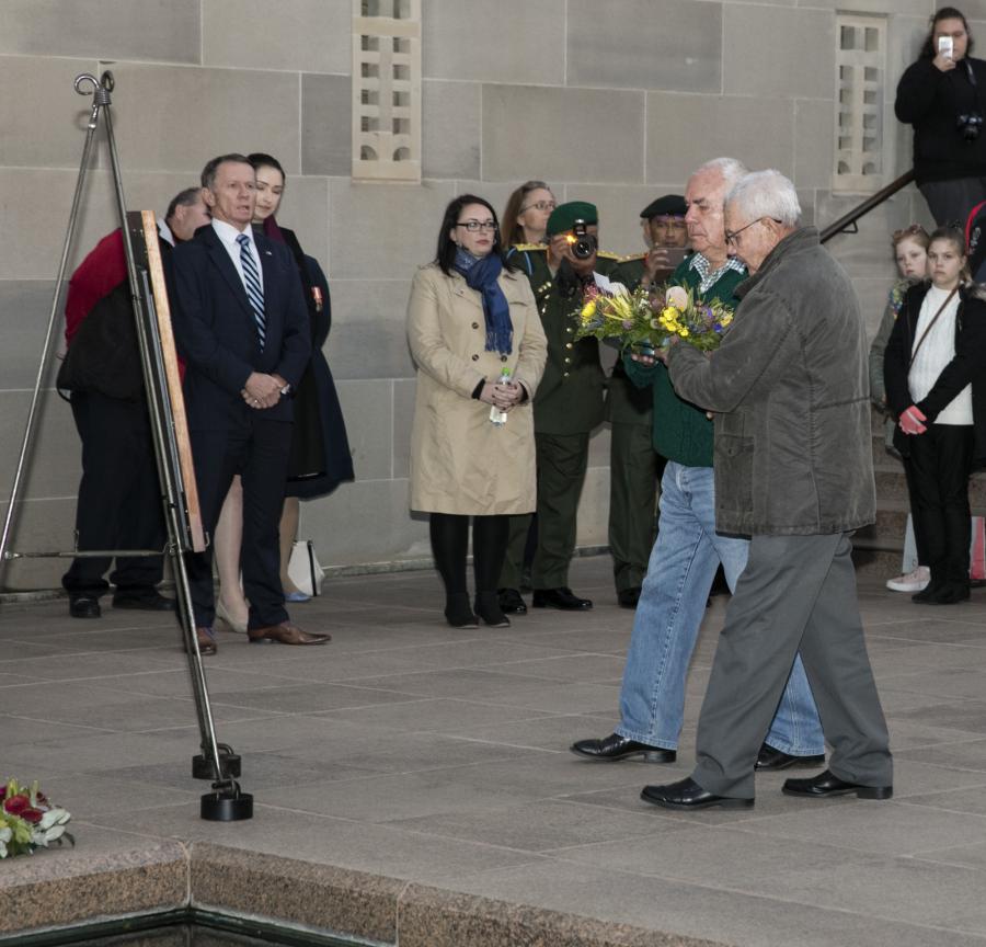 Merv Allan and Vic Porter laying a wreath at the Last Post Ceremony.