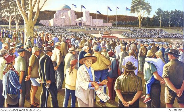 Bob Marchant, 60th anniversary of opening of the Australian War Memorial, Remembrance Day, 2001 (2002, oil on canvas, 148.2 x 248.2 cm, AWM ART91794)