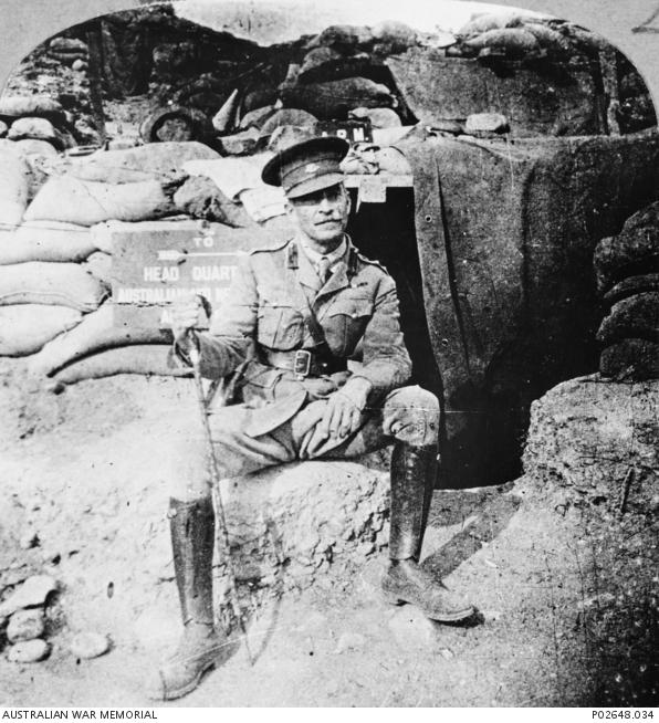 General Sir Harry Chauvel sitting outside his headquarters at Monash Valley on the Gallipoli Peninsula in May 1915. 