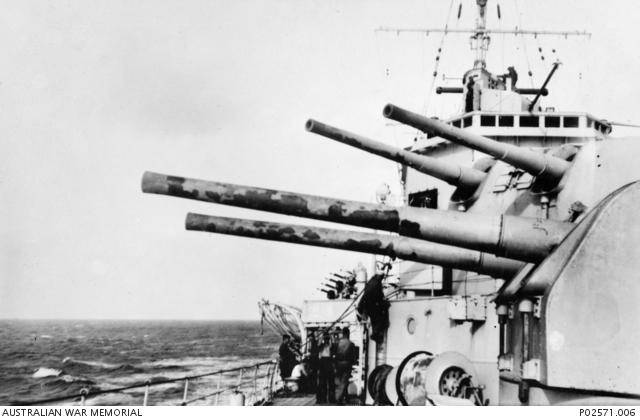 The forward 6-inch gun turrets of HMAS Sydney showing the blistered paint on the barrels from the heat of sustained firing at the Bartolomeo Colleoni. 