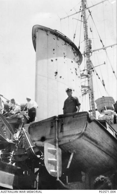 Damage to HMAS Sydney after the Battle of Cape Spada 