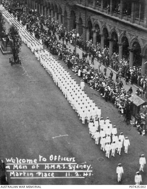 The crew of HMAS Sydney marching through Martin Place during their welcome home parade. 