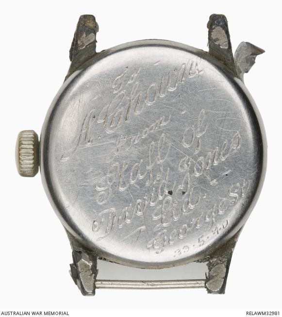 Back of the battle-damaged wrist-watch Chowne was wearing. 
