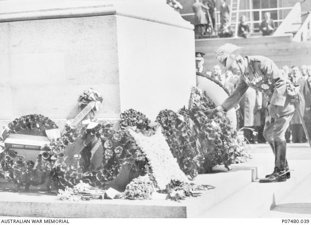 Sir Harry Chauvel laying a wreath at the Cenotaph in London during the Anzac Day ceremony in 1937. This image is from the collection of Claude Jabez Powter who served in the First World War and with the Australian Contingent for the Coronation of King George VI on 12 May 1937.