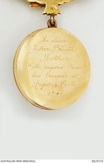 The reverse of the brooch is engraved 'To dear / John Freeth's / Mother / With regard from / his friends at / Angus & Coote. / 1944'. https://www.awm.gov.au/collection/C322513?image=2