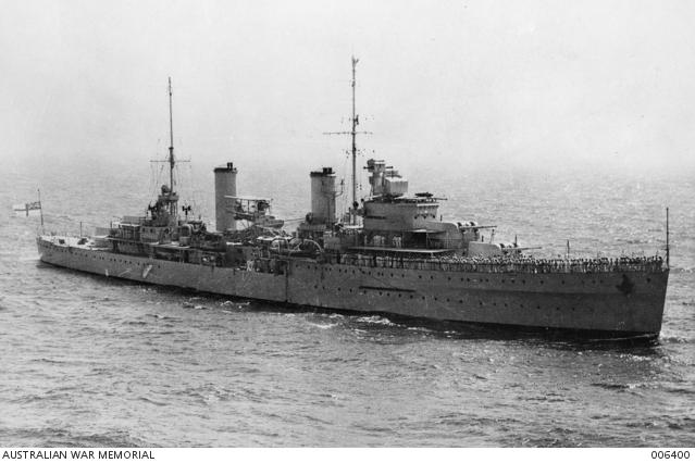 Starboard view of HMAS Sydney II at Alexandria circa April 1940. 