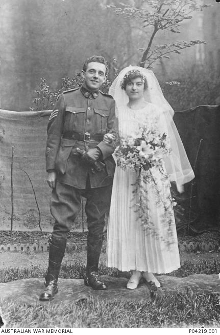 Sergeant James Matthews, 7th Battalion, and his British bride, Caroline Janetta (nee Huggett), on their wedding day in London, 13 April 1918. Matthews later returned to Australia with his wife on 25 February 1919.