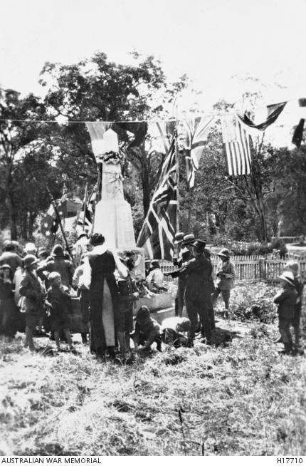 Nannup, WA. 11 November 1918. An Armistice Day ceremony in progress at the WW1 War Memorial.