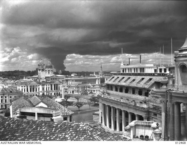 AWM012468 Smoke from fires at the Singapore Naval Base, February 1942.