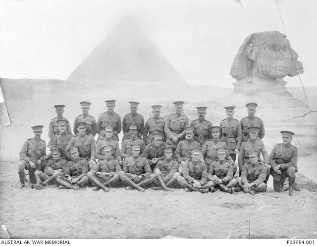Officers of the Australian Field Artillery in front of the Sphinx and pyramids at Giza. Sitting front right are brothers Major Vivian Harold Gatliff, No. 5 Battery, and Captain Frank Edward Gatliff, No. 6 Battery, who was killed in action on 6 August 1917 in Belgium, aged 22. 