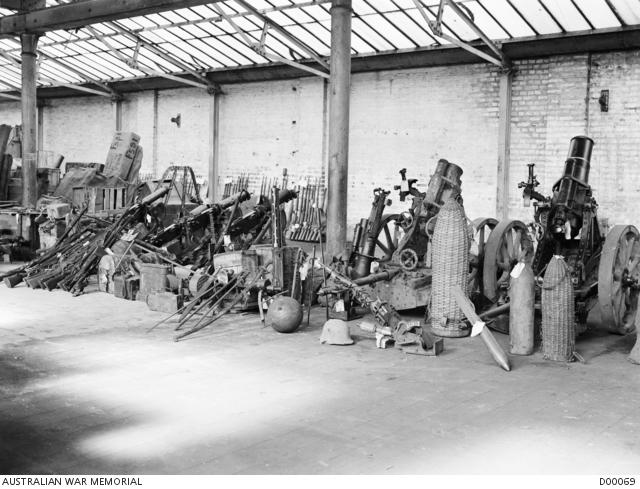 Captured trophies displayed in a warehouse