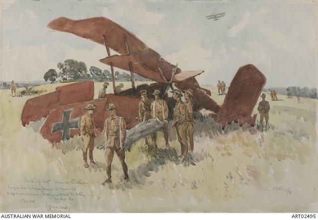 The death of Baron von Richthofen Watercolour with pencil and charcoal on paper A Henry Fullwood, 1918