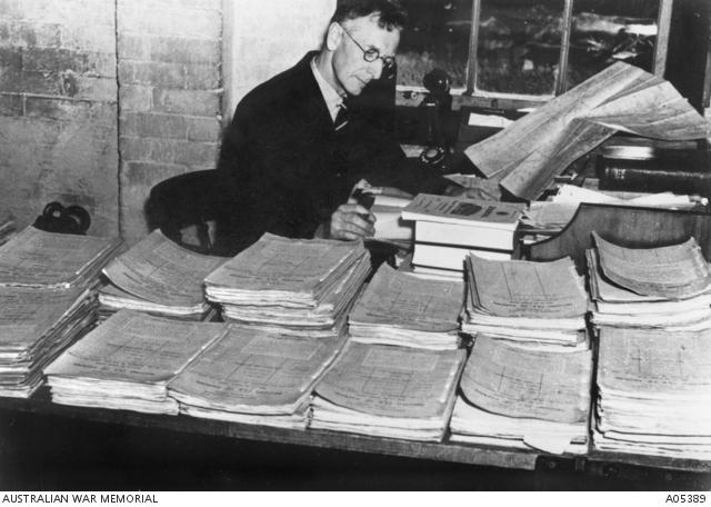 C.E.W. Bean working on official files in his Victoria Barracks office during the writing of the Official History. 