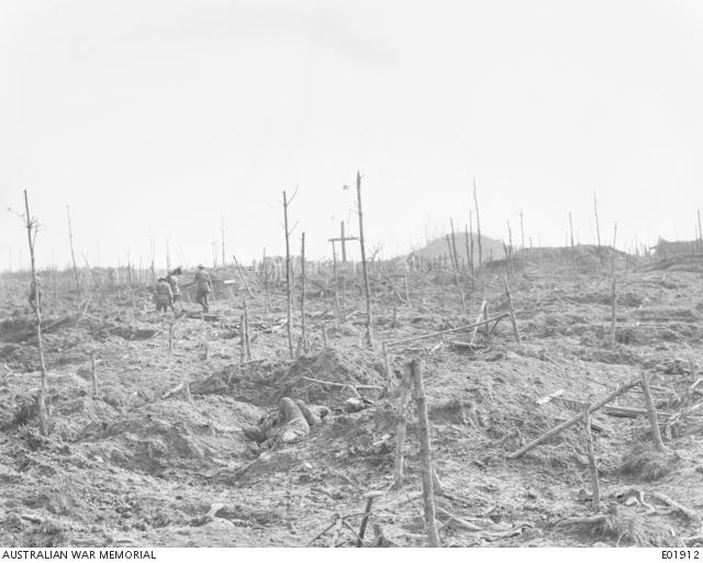 The Butte at Polygon Wood looms in the background and dominates the area over which the Australians attacked