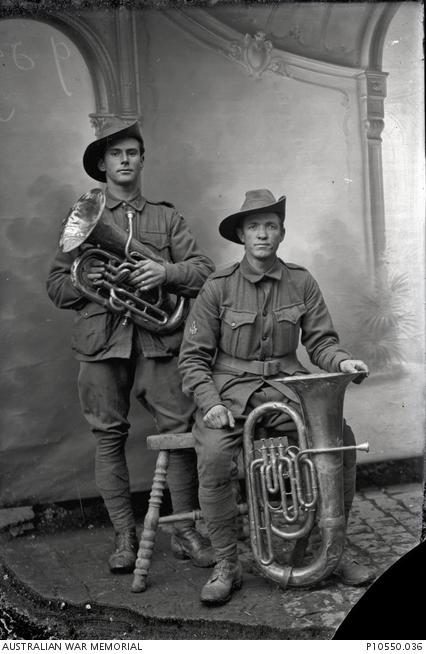 Portrait of two unidentified bandsmen with euphoniums from the Thuillier collection of glass plate negatives.