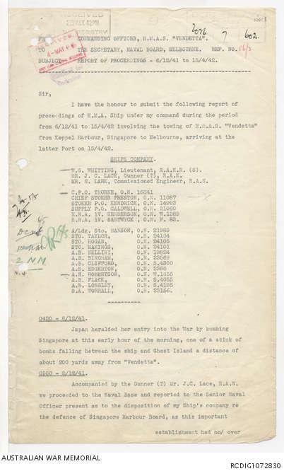 AWM78 352/1 Vendetta Report from Singapore, December 1941