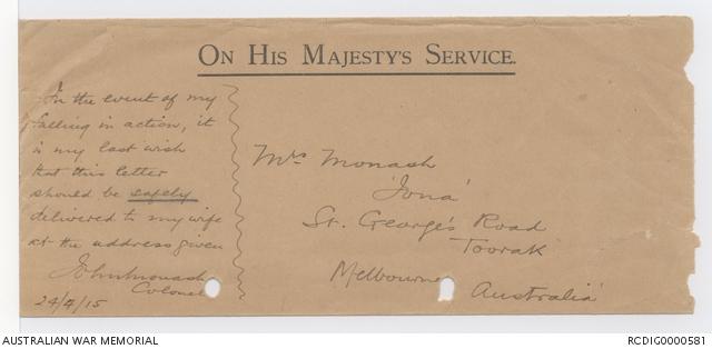 File of papers relating to the First World War service of Colonel John Monash