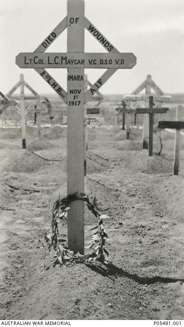 The grave and replacement wooden cross for Lieutenant Colonel (Lt Col) Leslie Cecil Maygar, VC DSO MID VD 