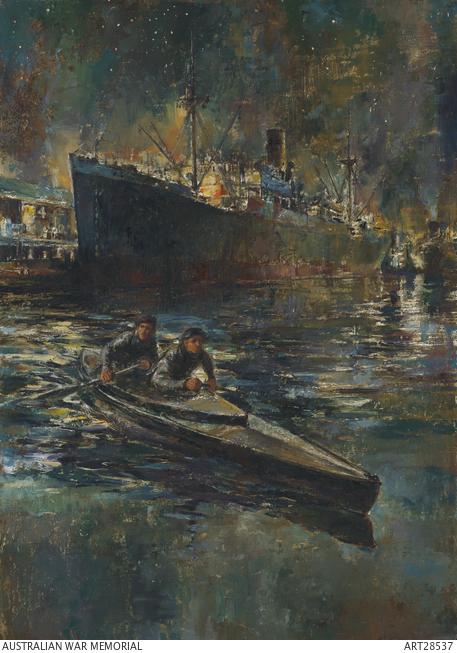 A study for Australian commandos attacking Japanese shipping in Singapore Harbour, 1943, by Dennis Adams.