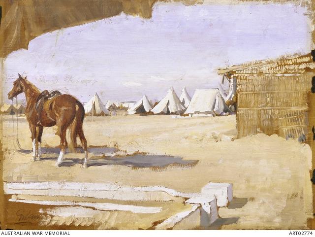 George Lambert, Moascar, from Major “Banjo” Paterson’s Tent, 15–17 January 1918, oil on wood panel, 29.6 x 37.2cm, Australian War Memorial, ART02774. https://www.awm.gov.au/collection/C172143?image=1