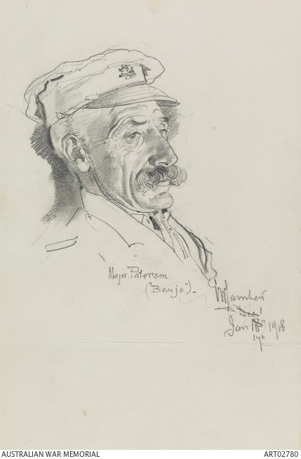 George Lambert, Major Andrew Barton “Banjo” Paterson, 17 January 1918, pencil on paper, 30.4 x 19cm, Australian War Memorial, ART02780, https://www.awm.gov.au/collection/C176387.