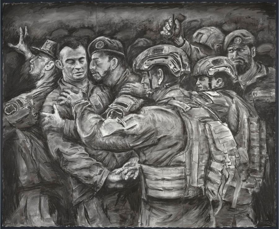 Rob Douma, Green on Blue: The betrayal of trust, drawn 2018, charcoal on snowdon archival paper, acquired 2018, AWM2018.809.1