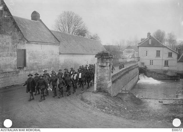 Australians returning from a hot bath parade at Heilly, in France, in December 1916.