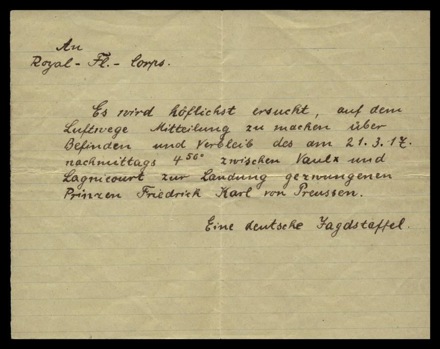 Note dropped by a German aircraft over the Australian lines near Lagnicourt enquiring after the prince’s wellbeing.
