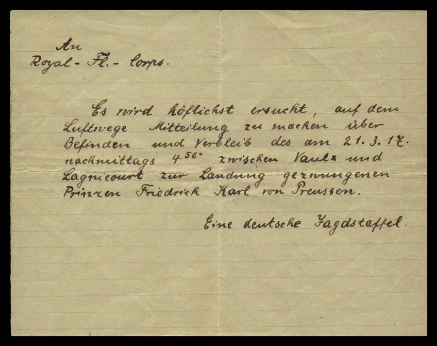 Note dropped by a German aircraft over the Australian lines near Lagnicourt enquiring after the prince’s wellbeing.