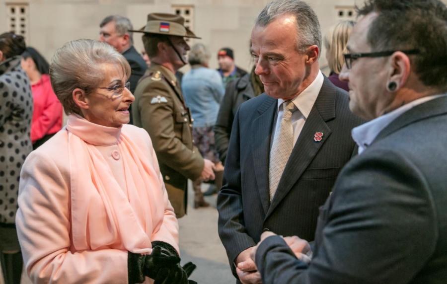 Janice Smith and her son Edward speaking with Memorial Director Dr Brendan Nelson at the ceremony.