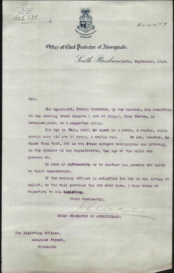 Letter from the Office of the Chief Protector of Aboriginals, 14 September 1918