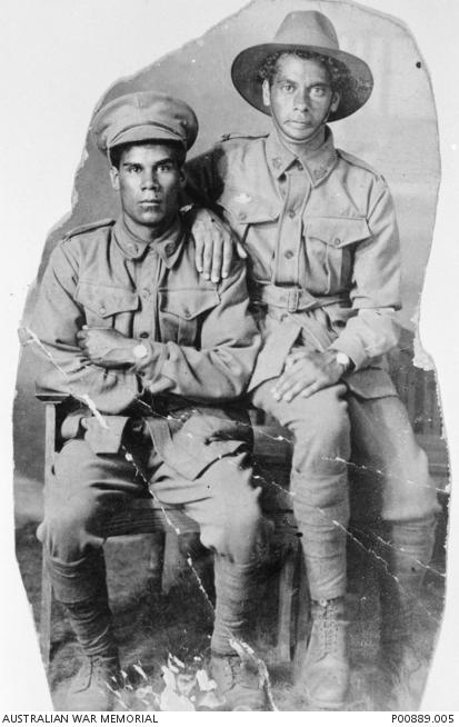 Studio portrait of two Aboriginal servicemen from Taree, NSW; 6564 Private William &quot;Nip&quot; Simon (left) and 6551 Private Harold Howard Maher