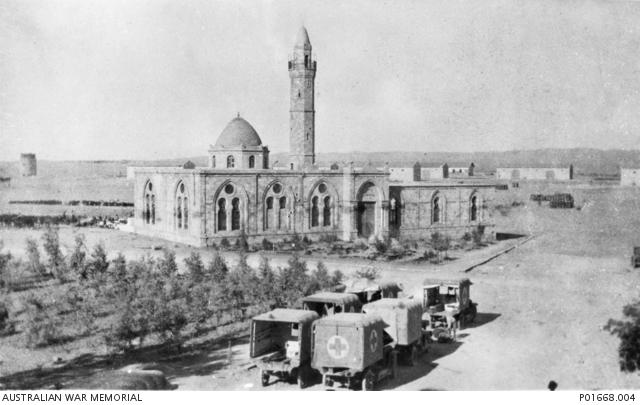 Motor ambulances waiting near the Beersheba town mosque